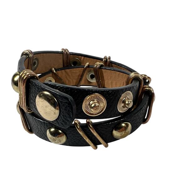 Leather Bracelet Black Gold Tone Studded Buckle Wrapped Metal Adjustable Punk - Picture 2 of 10